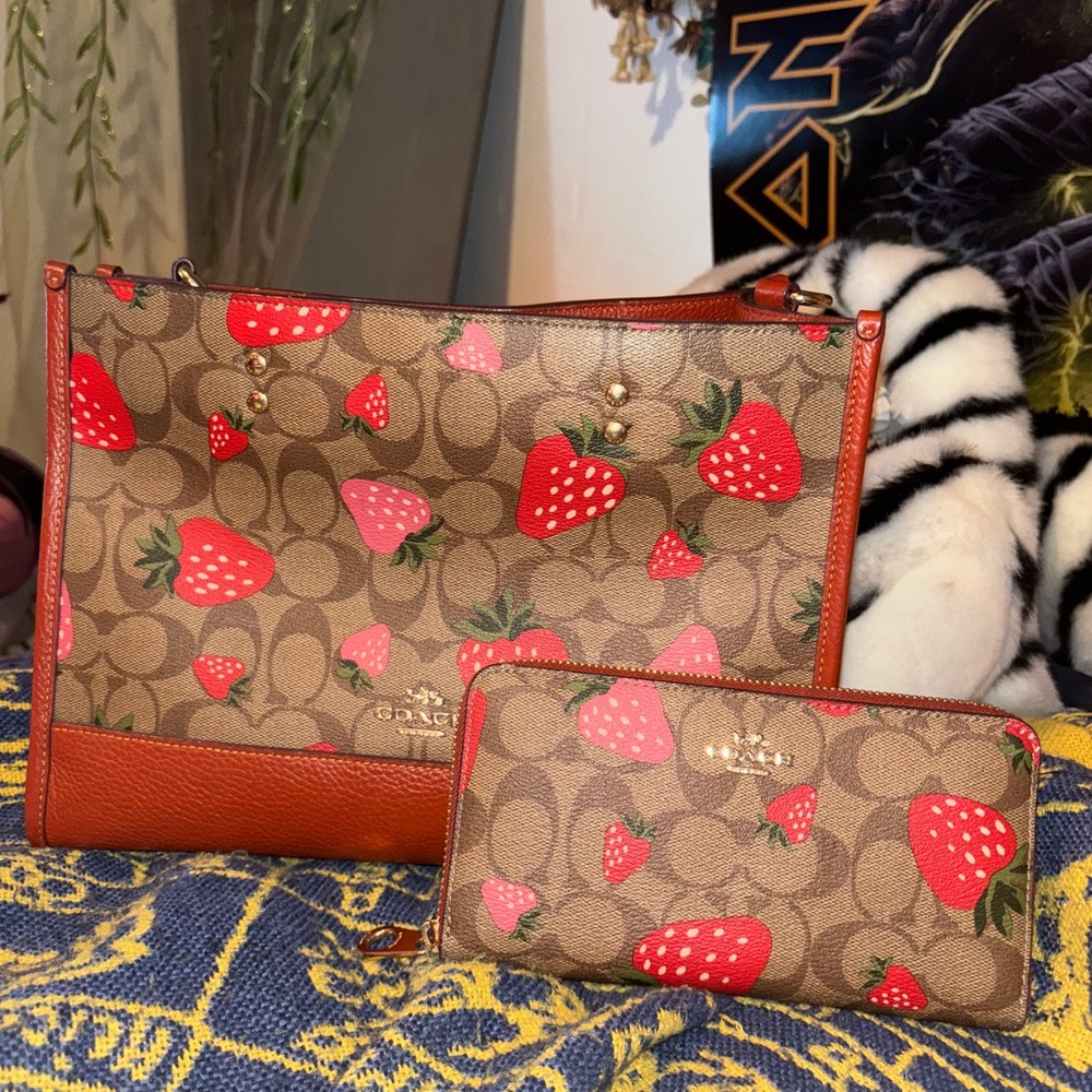 Coach Brown Tote and Wallet with Red Strawberry Print